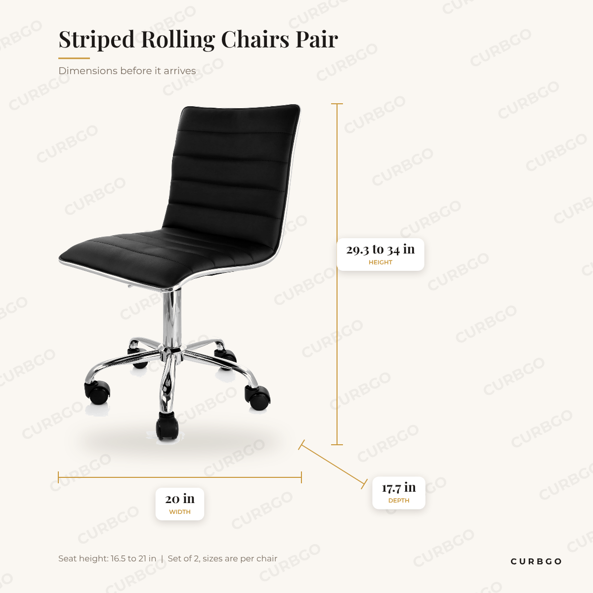 Striped Rolling Chairs Pair dimensions: 20 in W x 17.7 in D x 29.3 to 34 in H