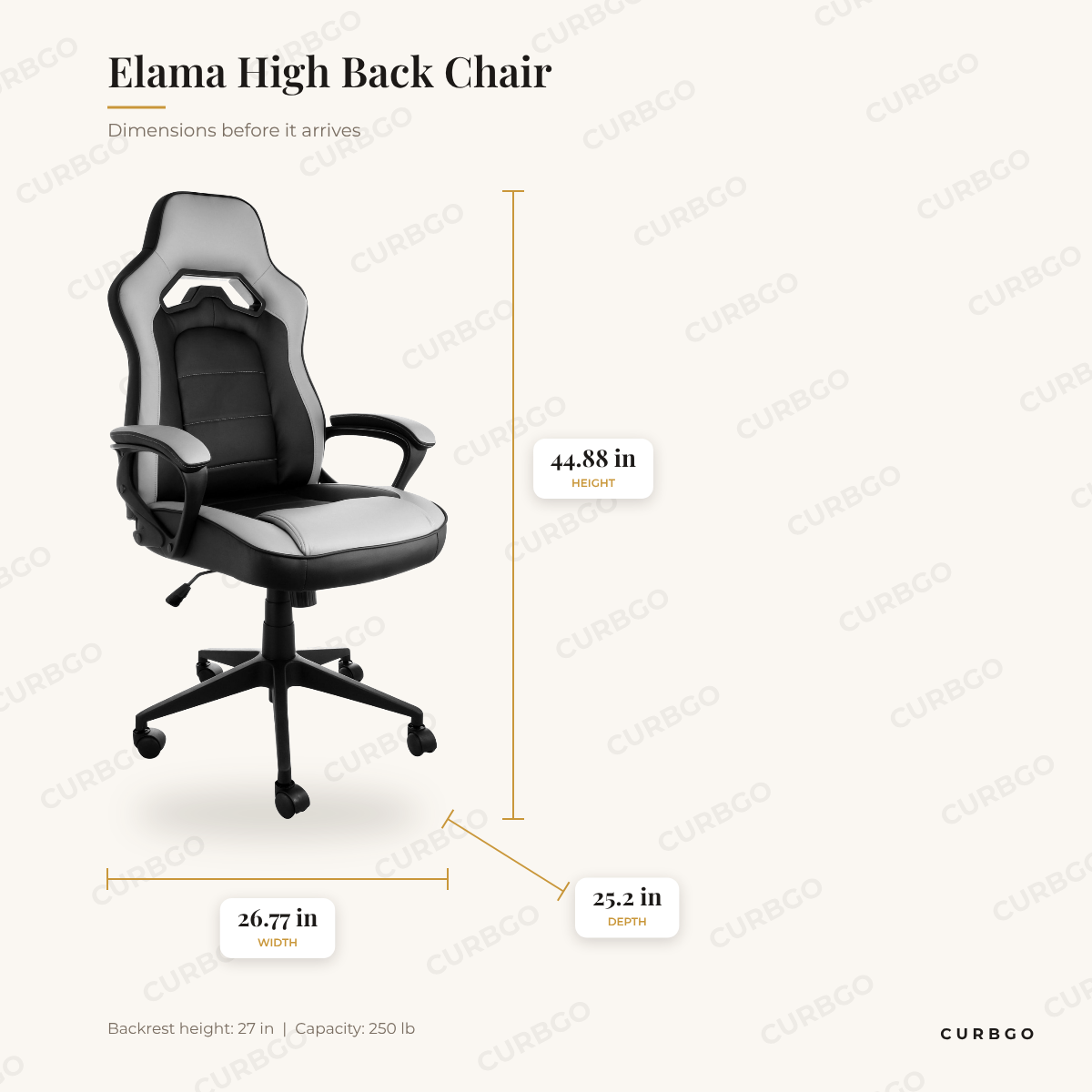 Elama High Back Chair dimensions: 26.77 in W x 25.2 in D x 44.88 in H