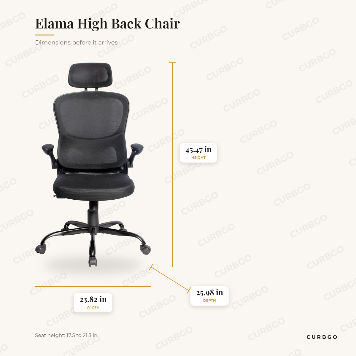 Elama High Back Chair dimensions: 23.82 in W x 25.98 in D x 45.47 in H