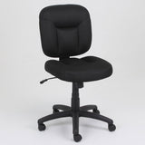Armless mid-back office task chair in black fabric with cushioned seat and swivel base, compact Elama desk chair