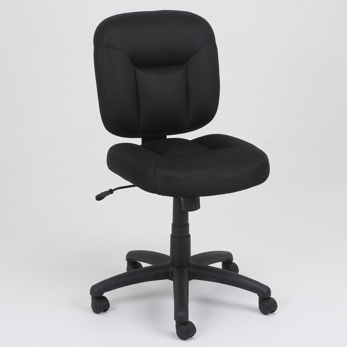 Armless mid-back office task chair in black fabric with cushioned seat and swivel base, compact Elama desk chair