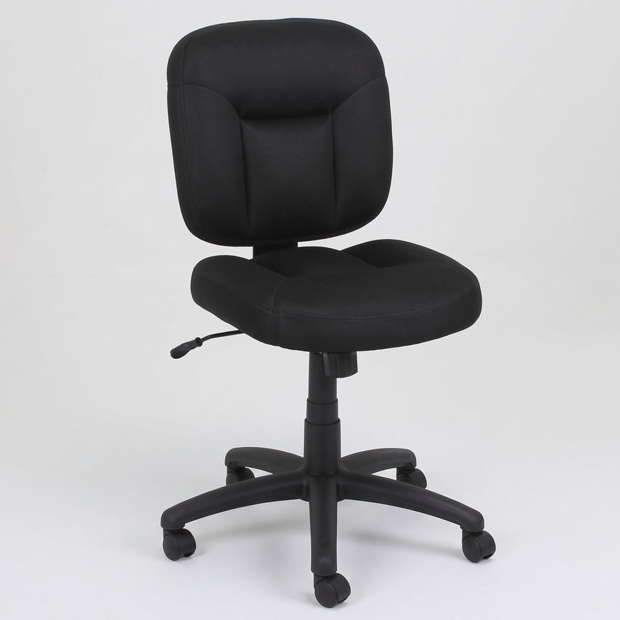 Armless mid-back office task chair in black fabric with cushioned seat and swivel base, compact Elama desk chair