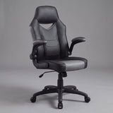 High back faux leather office chair with flip-up arms, black and gray racing style computer desk chair by Elama, studio view