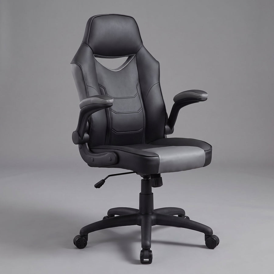 High back faux leather office chair with flip-up arms, black and gray racing style computer desk chair by Elama, studio view