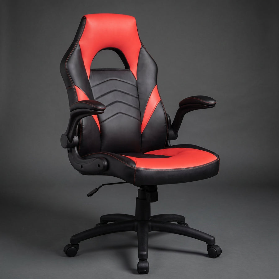 Black and red racing style gaming office chair with flip-up arms and faux leather seat, Elama computer desk chair, studio view