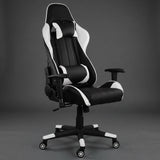 GameFitz GF-2101 reclining gaming chair in black with white trim, head pillow and lumbar pillow, ergonomic racing chair