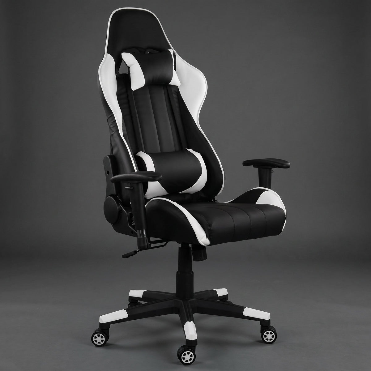GameFitz GF-2101 reclining gaming chair in black with white trim, head pillow and lumbar pillow, ergonomic racing chair