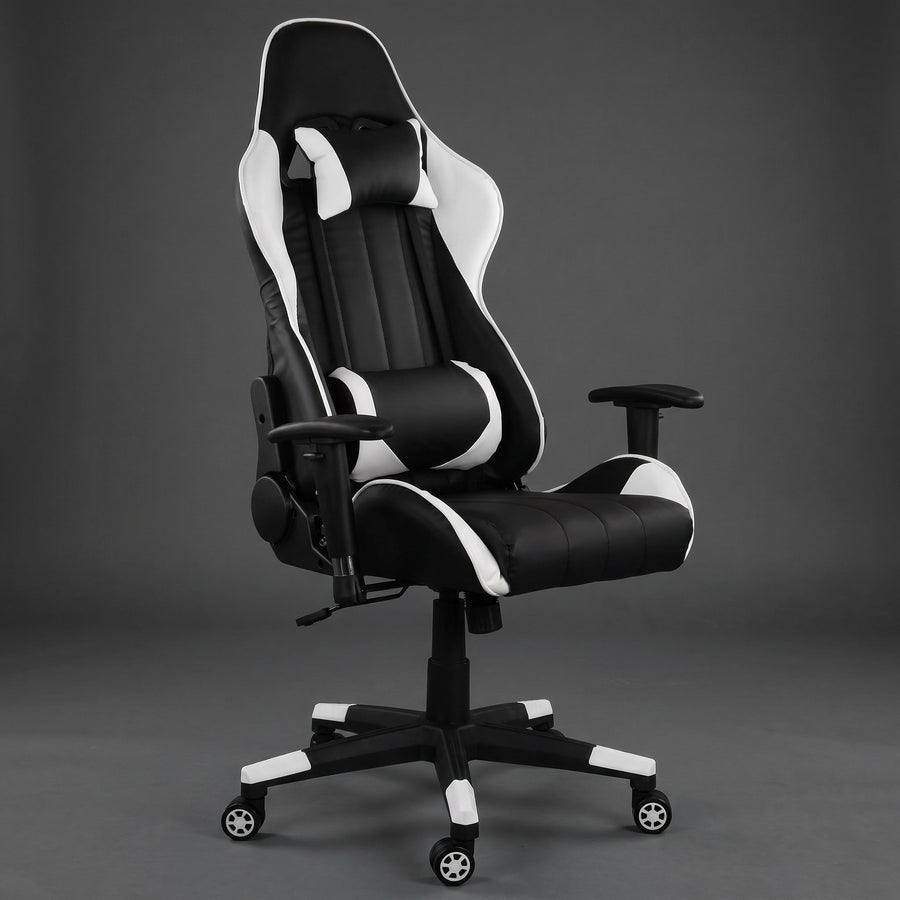 GameFitz GF-2101 reclining gaming chair in black with white trim, head pillow and lumbar pillow, ergonomic racing chair