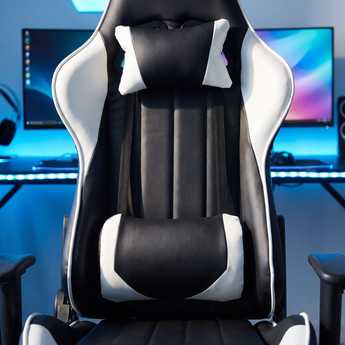Close-up of a black and white racing gaming chair backrest with head pillow and lumbar pillow, GameFitz GF-2101