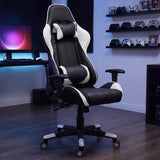 GameFitz GF-2101 black and white ergonomic gaming chair in a game room with acoustic panels and a controller shelf