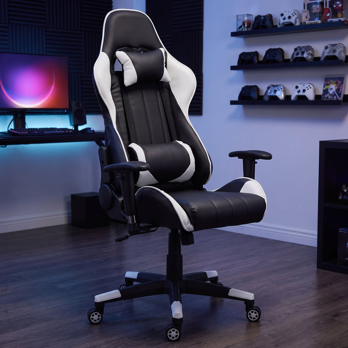 GameFitz GF-2101 black and white ergonomic gaming chair in a game room with acoustic panels and a controller shelf