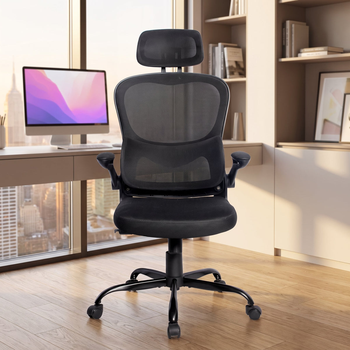 Elama black ergonomic mesh desk chair with headrest in a modern home office with city skyline windows and built-in shelves