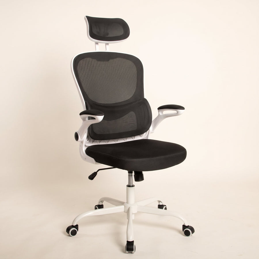 Ergonomic high back mesh office chair with headrest and flip-up arms, black mesh on a white frame and base, Elama desk chair