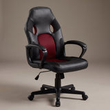 Black and burgundy high back office chair with padded arms and vented racing style backrest, Elama computer desk chair