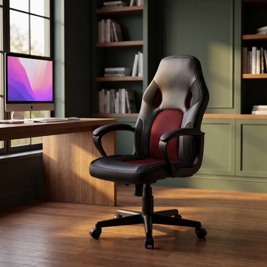 Elama black and burgundy vented office chair at a desk in a home study with dark green walls and wood bookshelves
