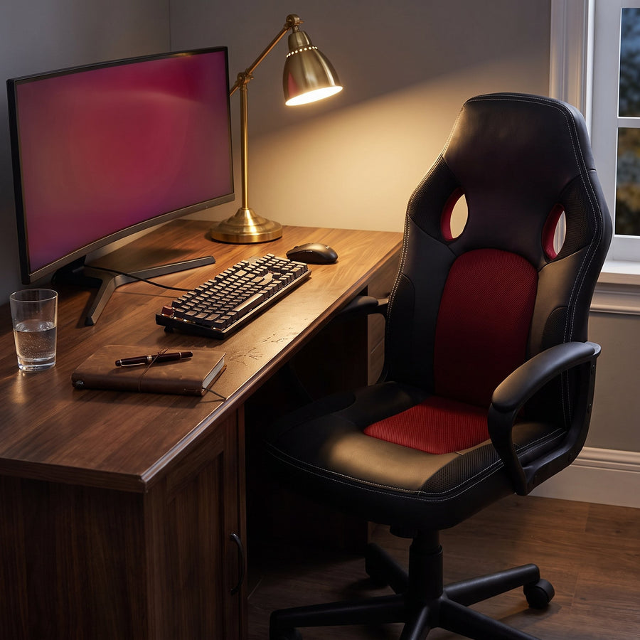 Black and burgundy racing style office chair at a walnut desk with a monitor, keyboard and brass desk lamp in the evening