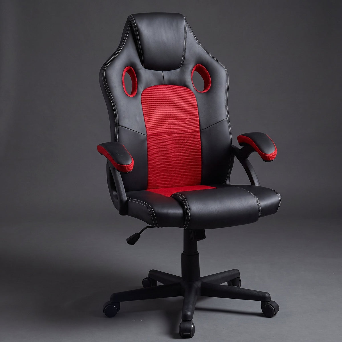 Black and red racing style gaming office chair with mesh center panel, vented back and padded arms, Elama desk chair