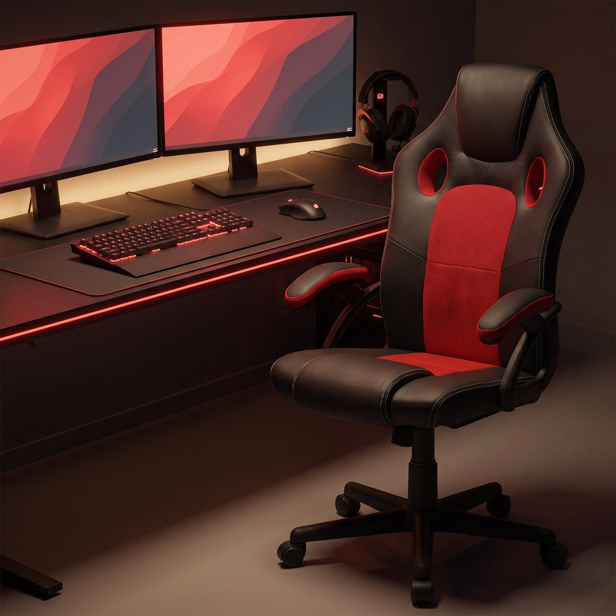 Black and red gaming chair with vented racing back at a dual monitor battle station desk with red LED lighting at night