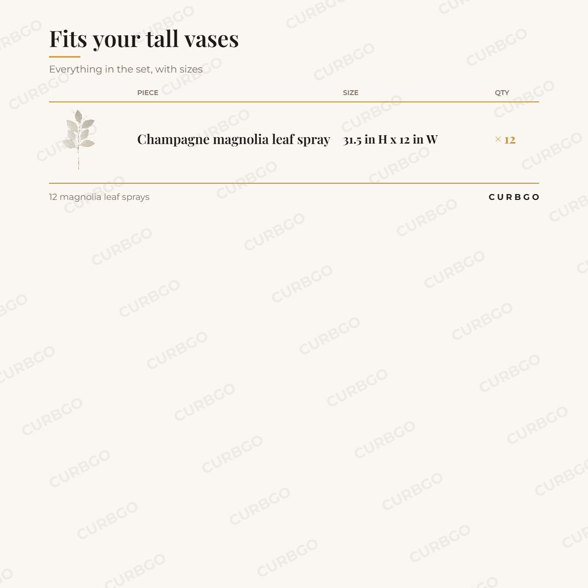 Champagne Magnolia Leaf Spray Set of 12 piece sizes: champagne magnolia leaf spray 31.5 in H x 12 in W (x12); 12 magnolia leaf sprays