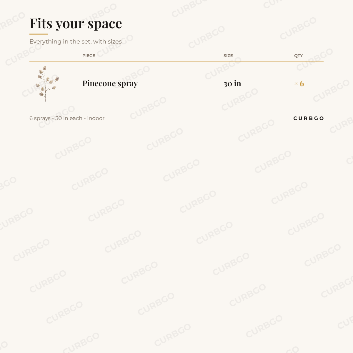 champagne pinecone spray set dimensions