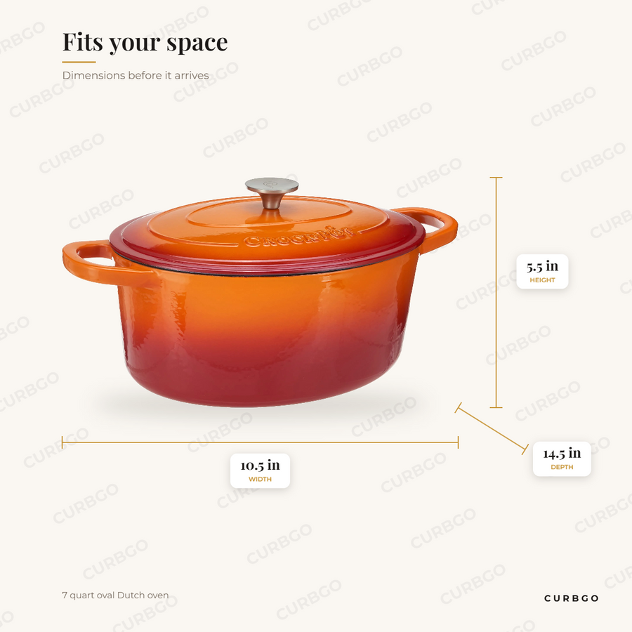 Crock-Pot Artisan Dutch Oven dimensions: 10.5 in wide, 5.5 in tall, 14.5 in deep, 7 quart oval Dutch oven