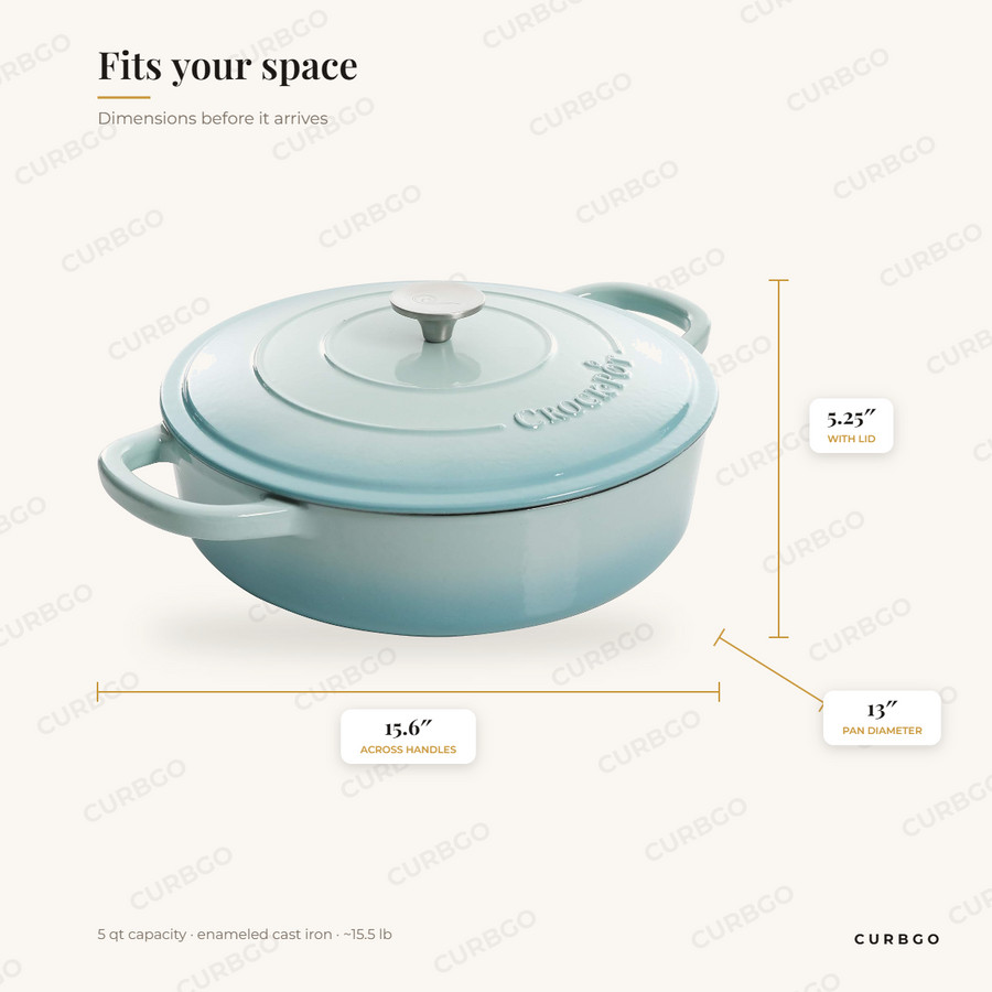 Crock-Pot Artisan braiser dimensions: 15.6 in wide across handles, 12 in deep, 5.25 in tall with lid, 13 in pan diameter, 5 qt