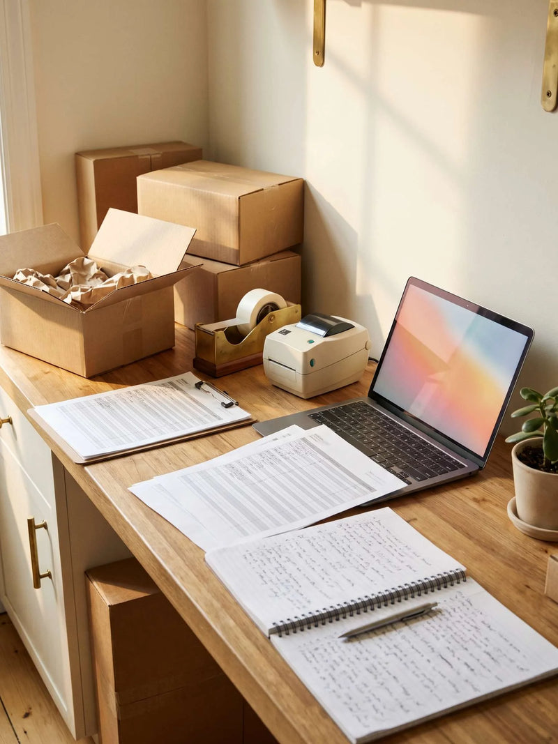 Busy home packing bench with kraft shipping boxes, pick lists, a laptop and a notebook of handwritten notes in warm window light
