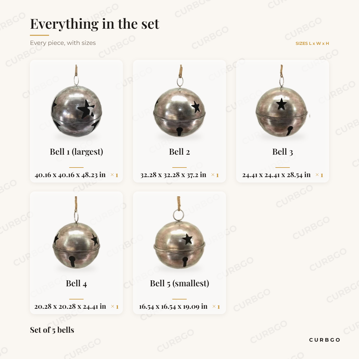Hanging Silver Sleigh Bells piece sizes: 48.23 in, 37.2 in, 28.54 in, 24.41 in and 19.09 in tall, set of 5