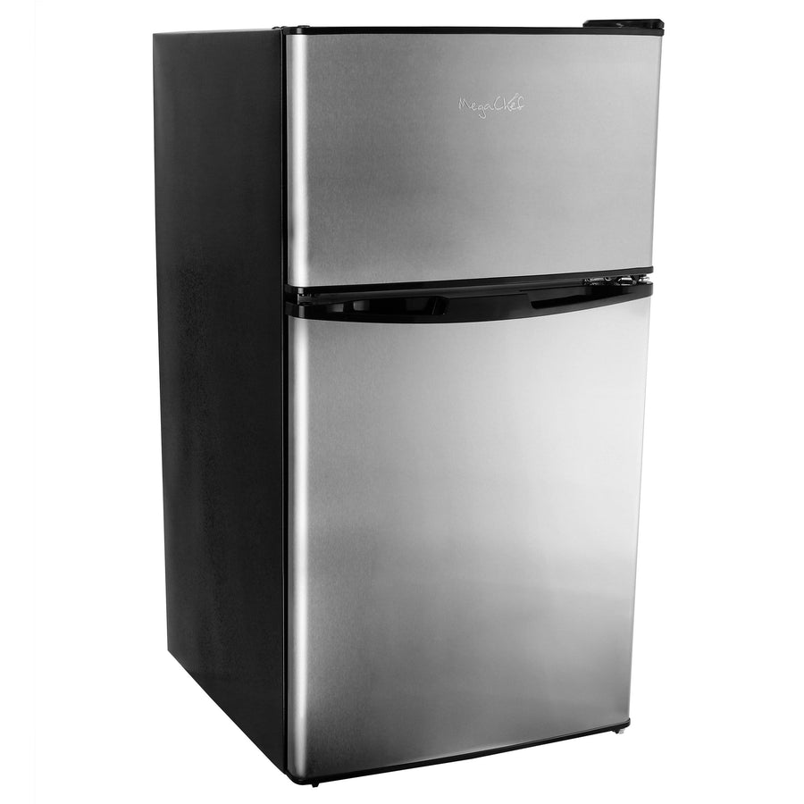 MegaChef mini fridge interior with adjustable glass shelves