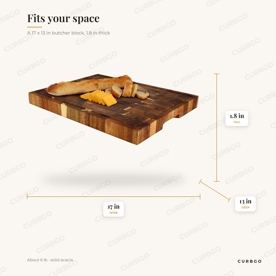MegaChef MC-A147 acacia butcher block dimensions: 17 in wide x 13 in deep x 1.8 in tall, about 6 lb