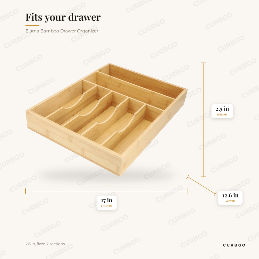 Elama Bamboo Drawer Organizer dimensions: 12.6 in wide, 2.5 in tall, 17 in deep