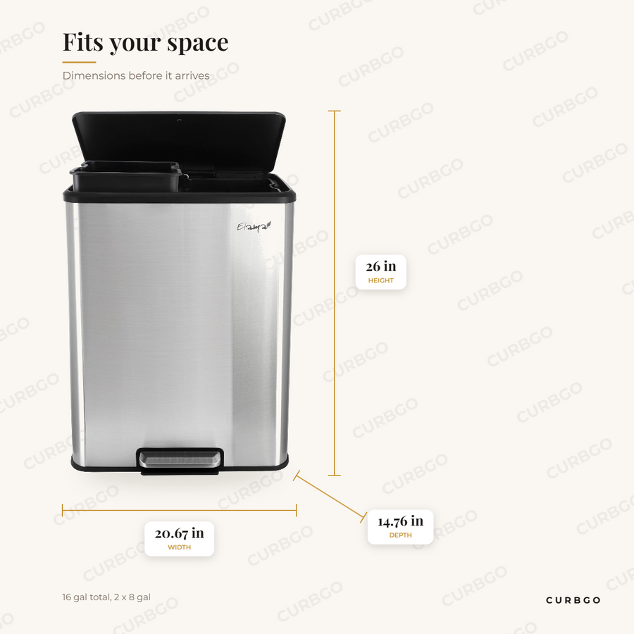 2-Section Step Trash Bin dimensions: 20.67 in wide, 26 in tall, 14.76 in deep, 16 gal total, 2 x 8 gal