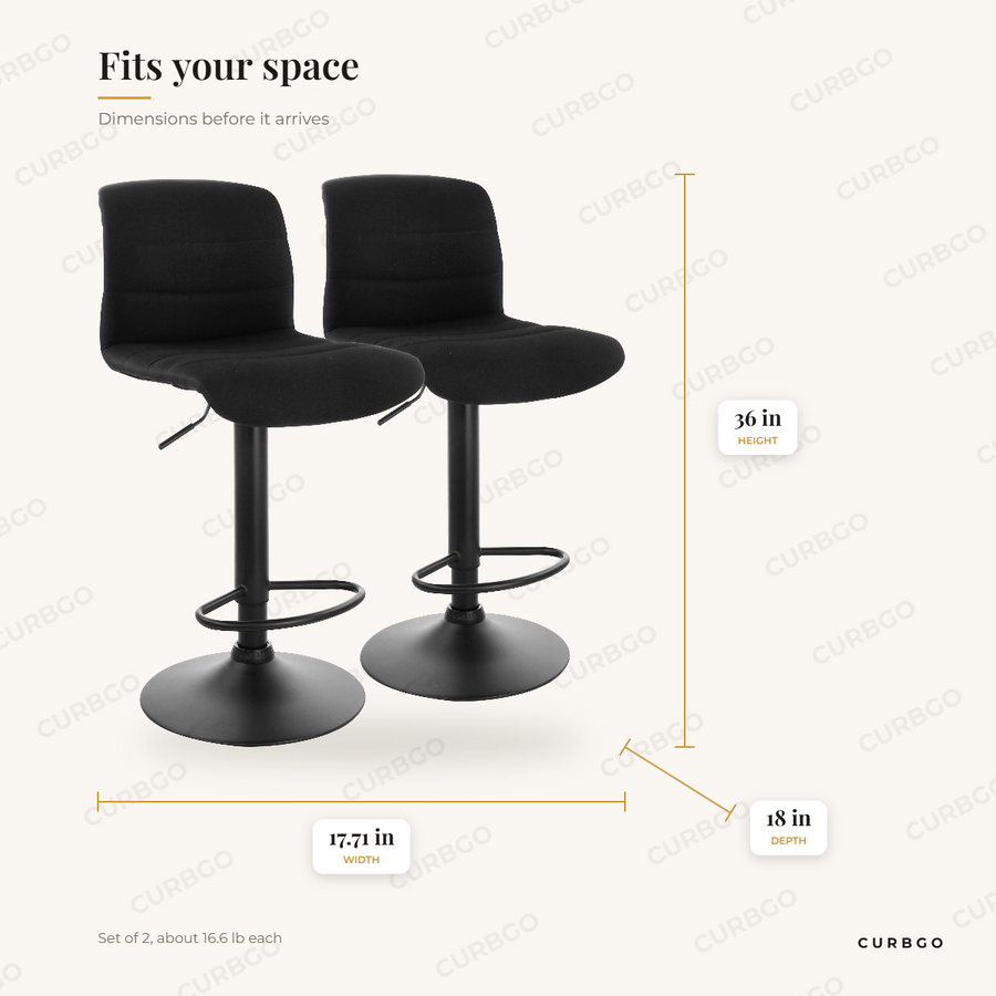 Gray Fabric Bar Stools dimensions: 17.71 in wide, 36 in tall, 18 in deep, Set of 2, about 16.6 lb each