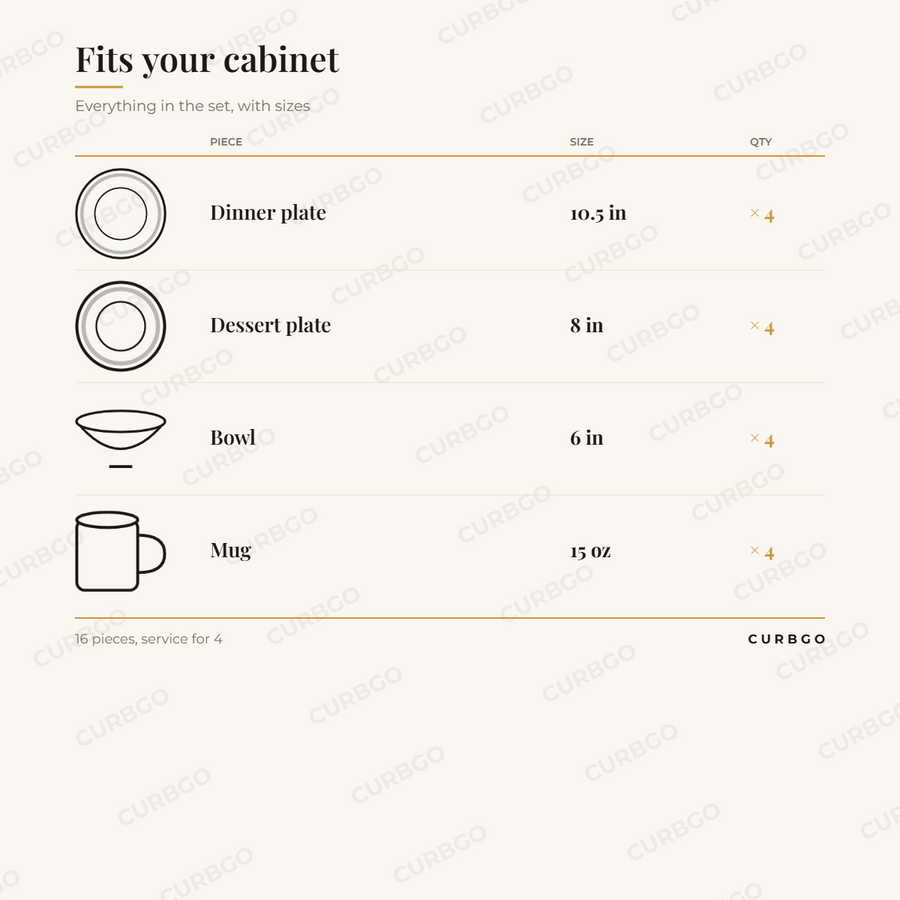Elama Mocha Mauve dinnerware piece sizes: dinner plate 10.5 in, dessert plate 8 in, bowl 6 in, mug 15 oz, 16 pieces, service for 4