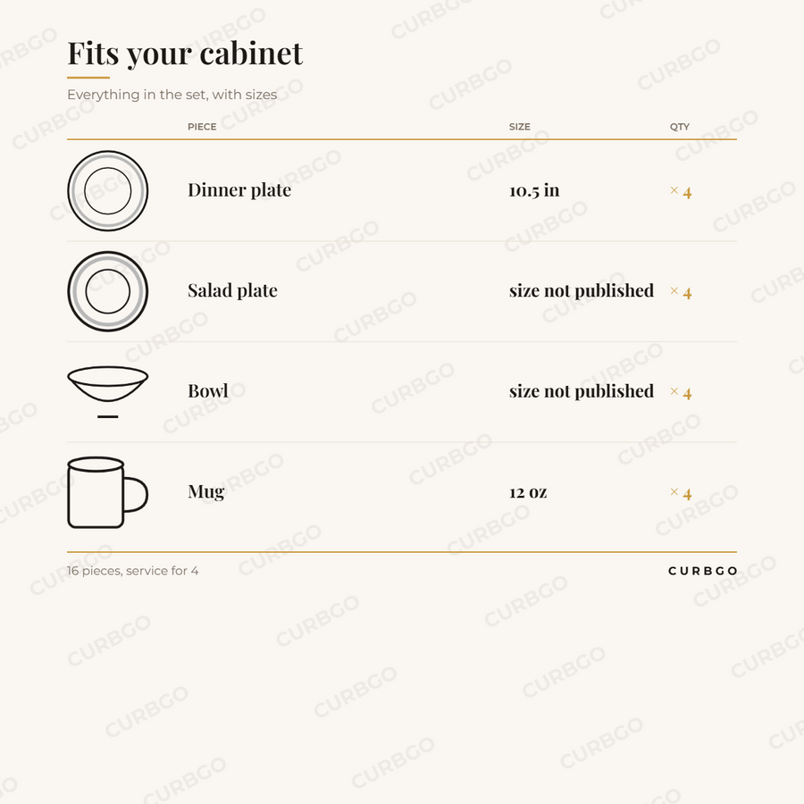 Elama Olevia dinnerware with mugs piece sizes: dinner plate 10.5 in, mug 12 oz, 16 pieces, service for 4