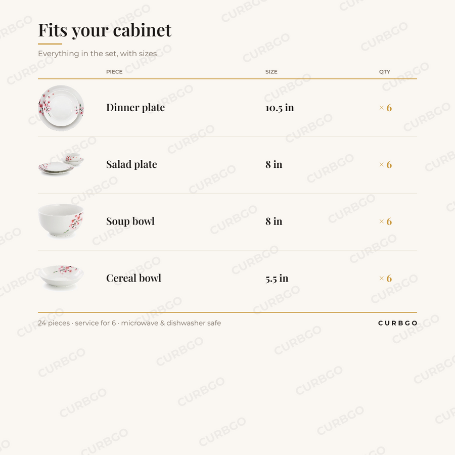 Elama Tamara 24-piece cherry blossom porcelain dinnerware set piece sizes: dinner plate 10.5 in, salad plate 8 in, soup bowl 8 in, cereal bowl 5.5 in, about 34 lb boxed