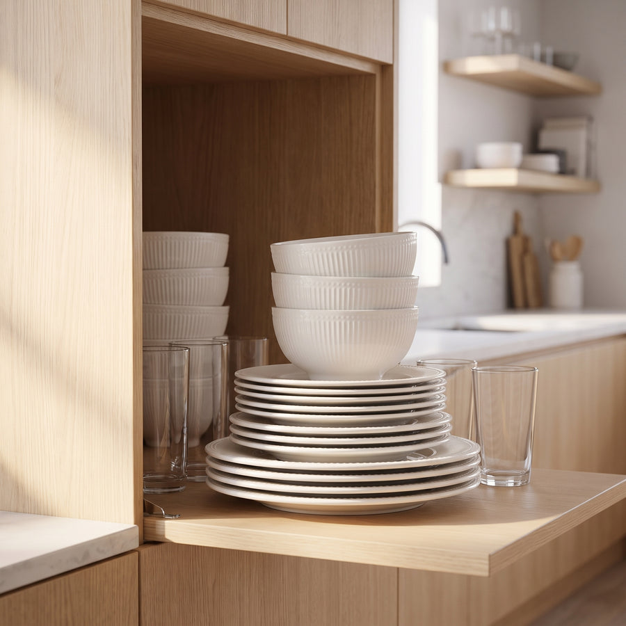 Elama Farrah 18-Piece Round White Stoneware Dinnerware Set, Service for 6 lifestyle image