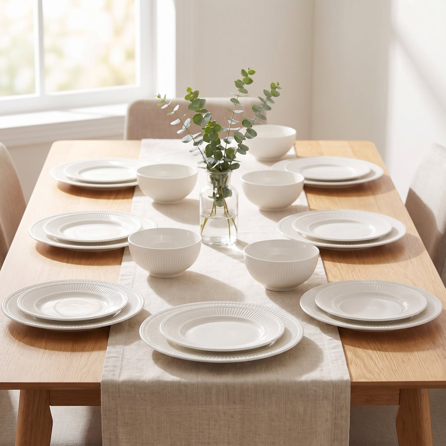 Elama Farrah 18-Piece Round White Stoneware Dinnerware Set, Service for 6 lifestyle image