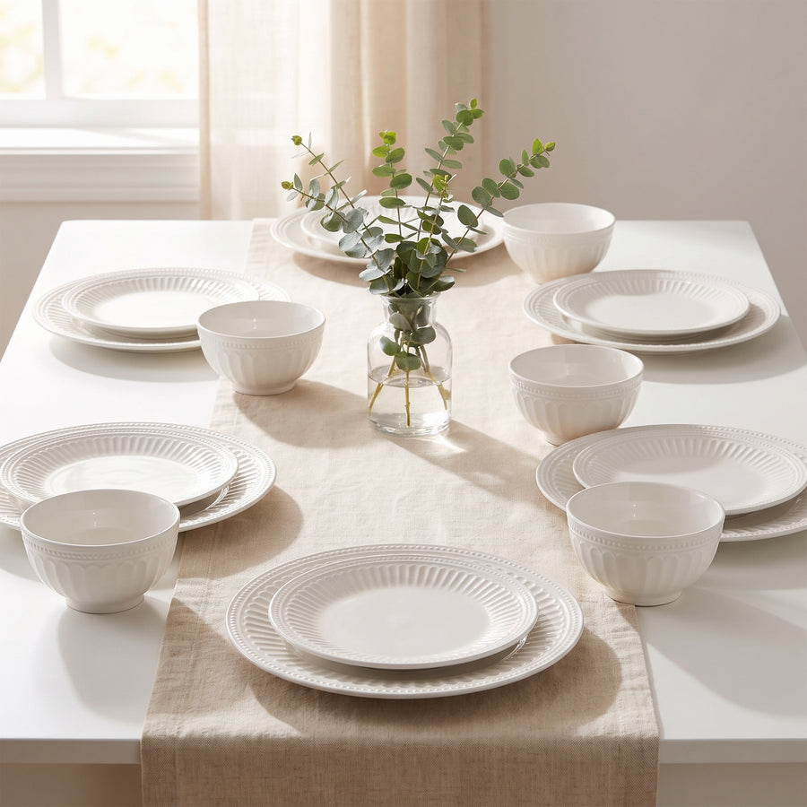 Elama Finley 18-Piece Embossed Arch White Stoneware Dinnerware Set, Service for 6 lifestyle image