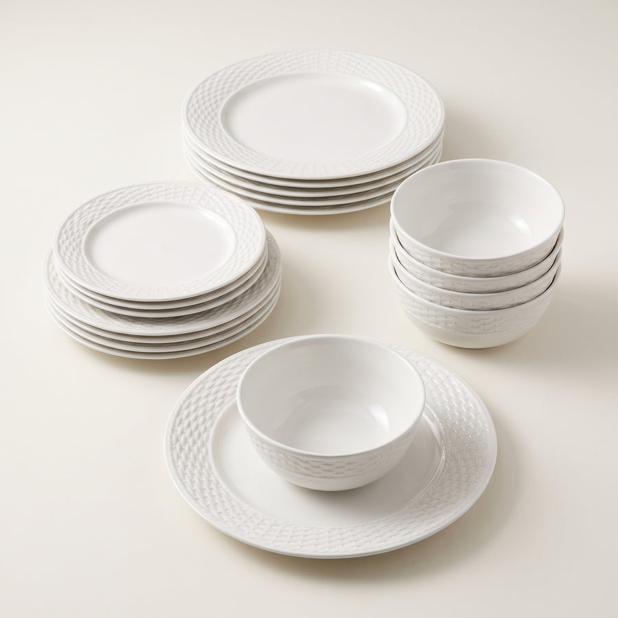 Elama Fiona 18-Piece Woven Rim White Stoneware Dinnerware Set, Service for 6 lifestyle image