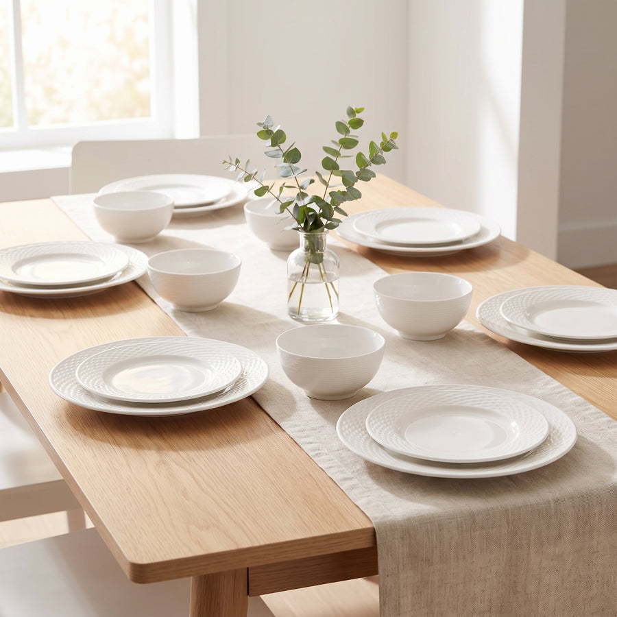 Elama Fiona 18-Piece Woven Rim White Stoneware Dinnerware Set, Service for 6 lifestyle image