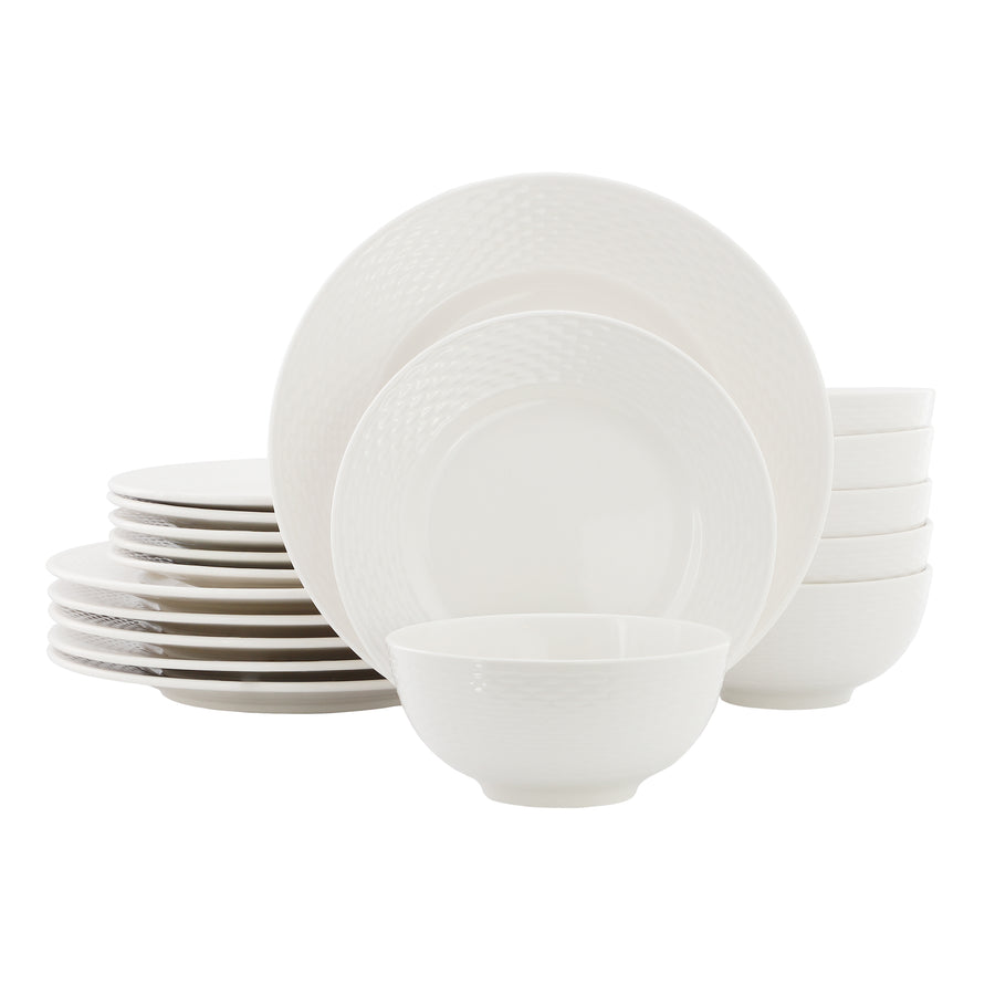 Elama Fiona 18-Piece Woven Rim White Stoneware Dinnerware Set, Service for 6