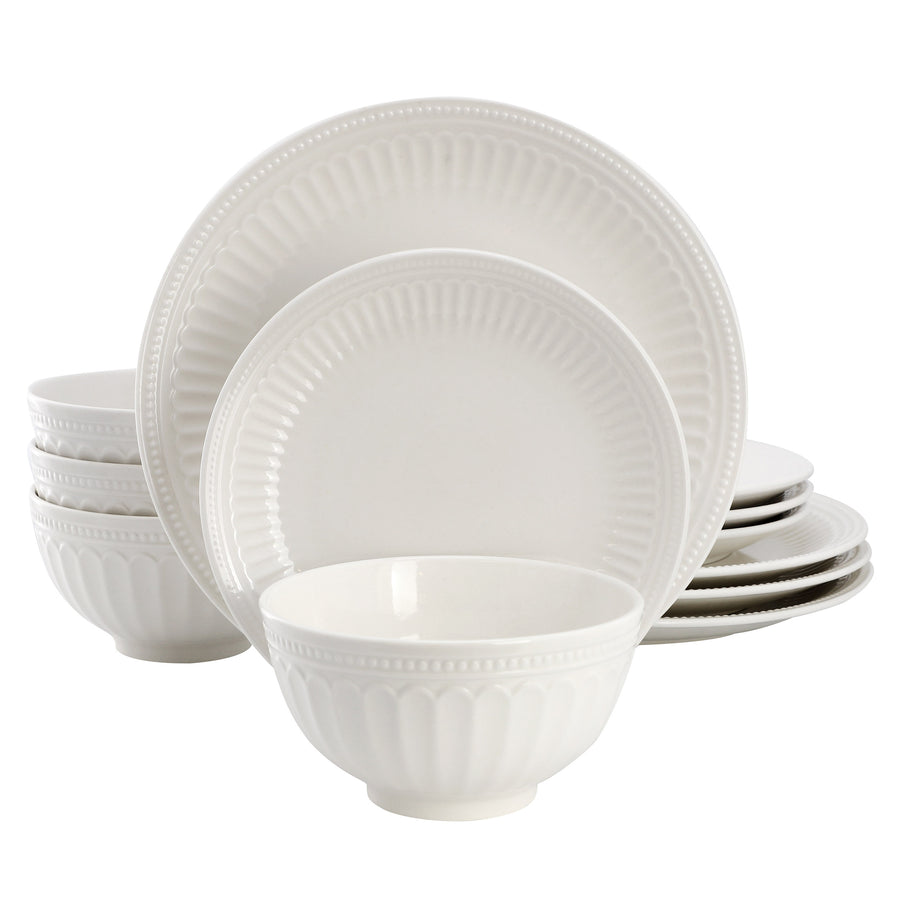 Elama Gabriella 12-Piece Embossed Arch White Stoneware Dinnerware Set, Service for 4
