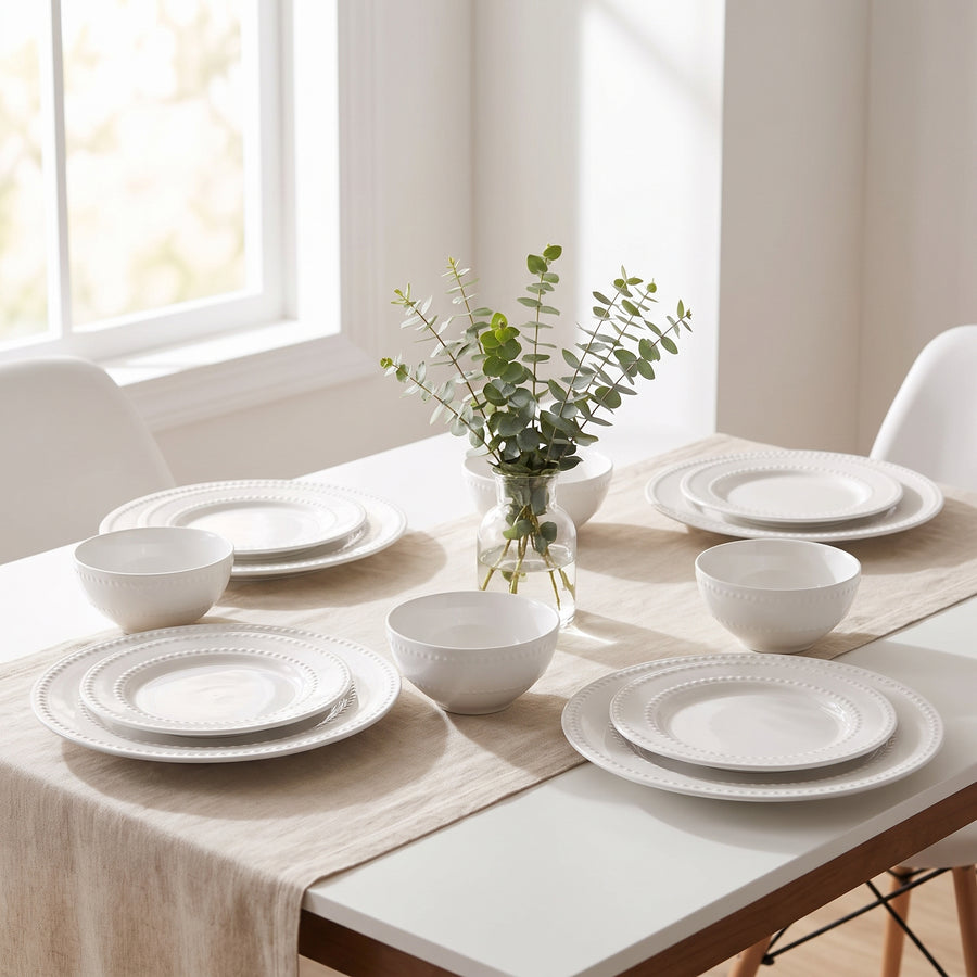 Elama Genevieve 12-Piece Embossed Dot White Stoneware Dinnerware Set, Service for 4 lifestyle image