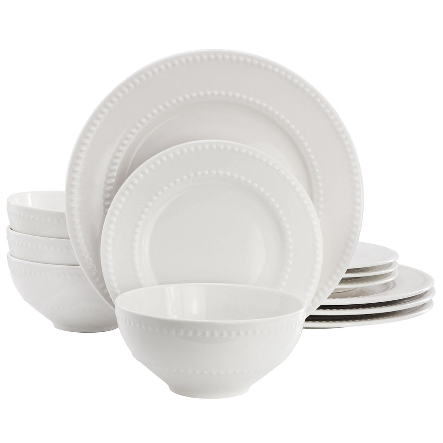 Elama Genevieve 12-Piece Embossed Dot White Stoneware Dinnerware Set, Service for 4
