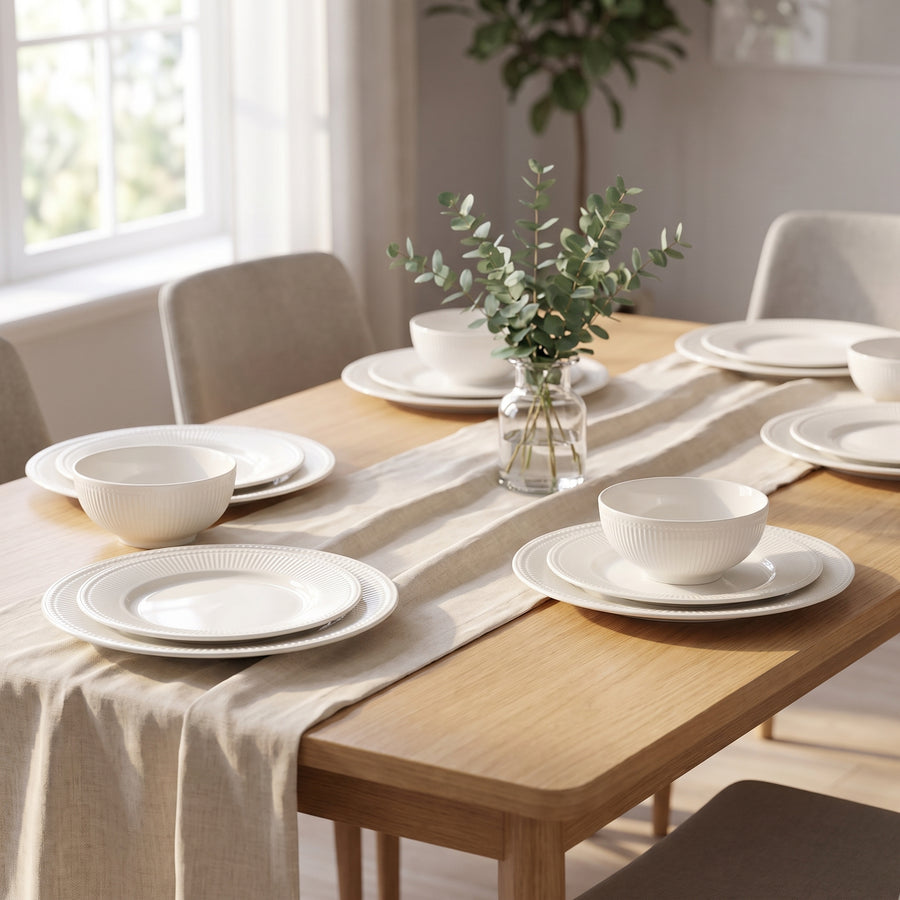 Elama Gianna 12-Piece Round White Stoneware Dinnerware Set, Service for 4 lifestyle image