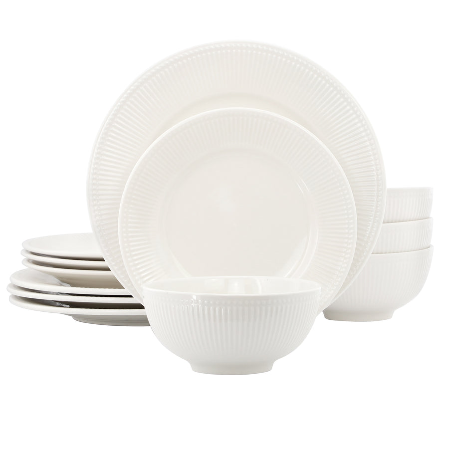Elama Gianna 12-Piece Round White Stoneware Dinnerware Set, Service for 4