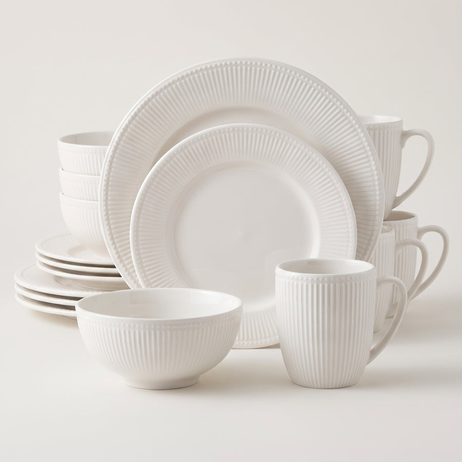Elama Gretel 16-Piece Round White Stoneware Dinnerware Set with Mugs, Service for 4 lifestyle image