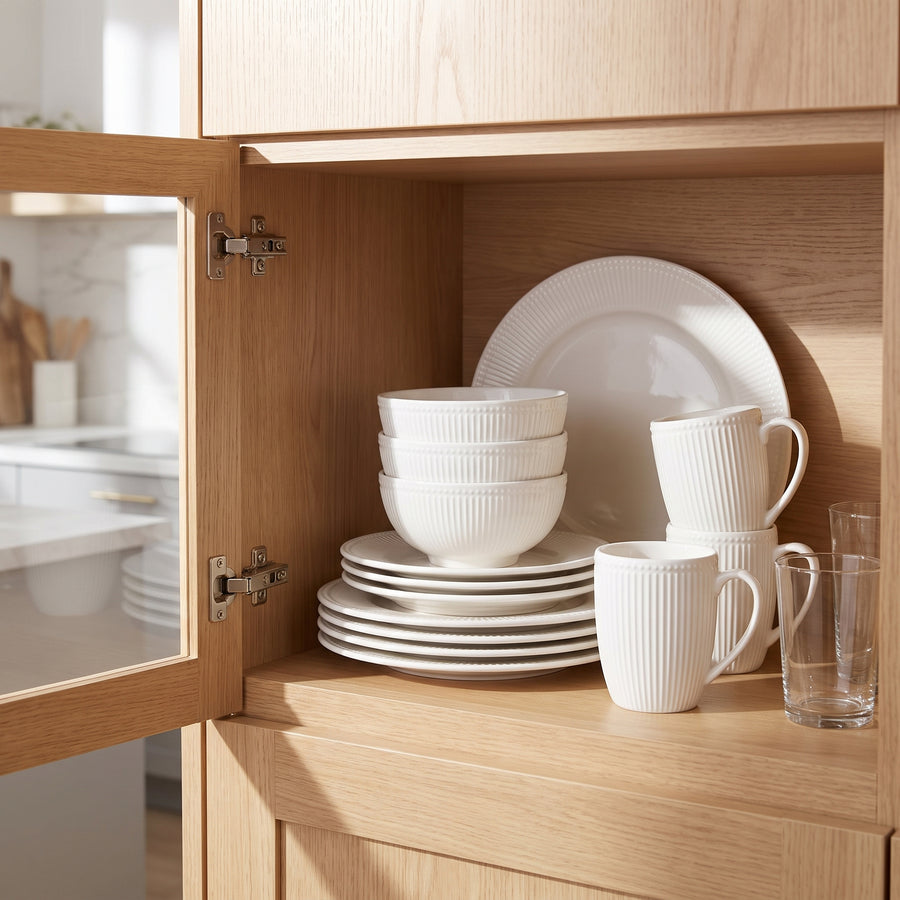 Elama Gretel 16-Piece Round White Stoneware Dinnerware Set with Mugs, Service for 4 lifestyle image