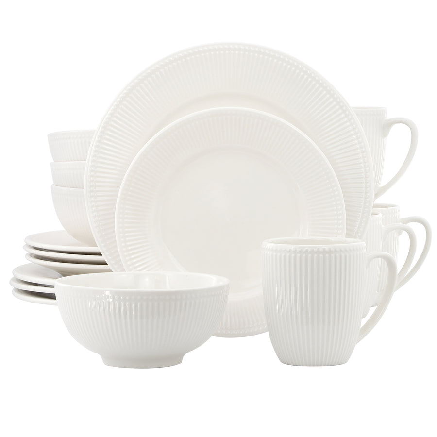 Elama Gretel 16-Piece Round White Stoneware Dinnerware Set with Mugs, Service for 4